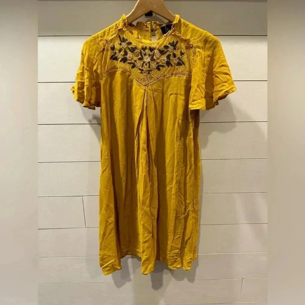 Blue Rain Mustard Embroidered Dress- Size Small